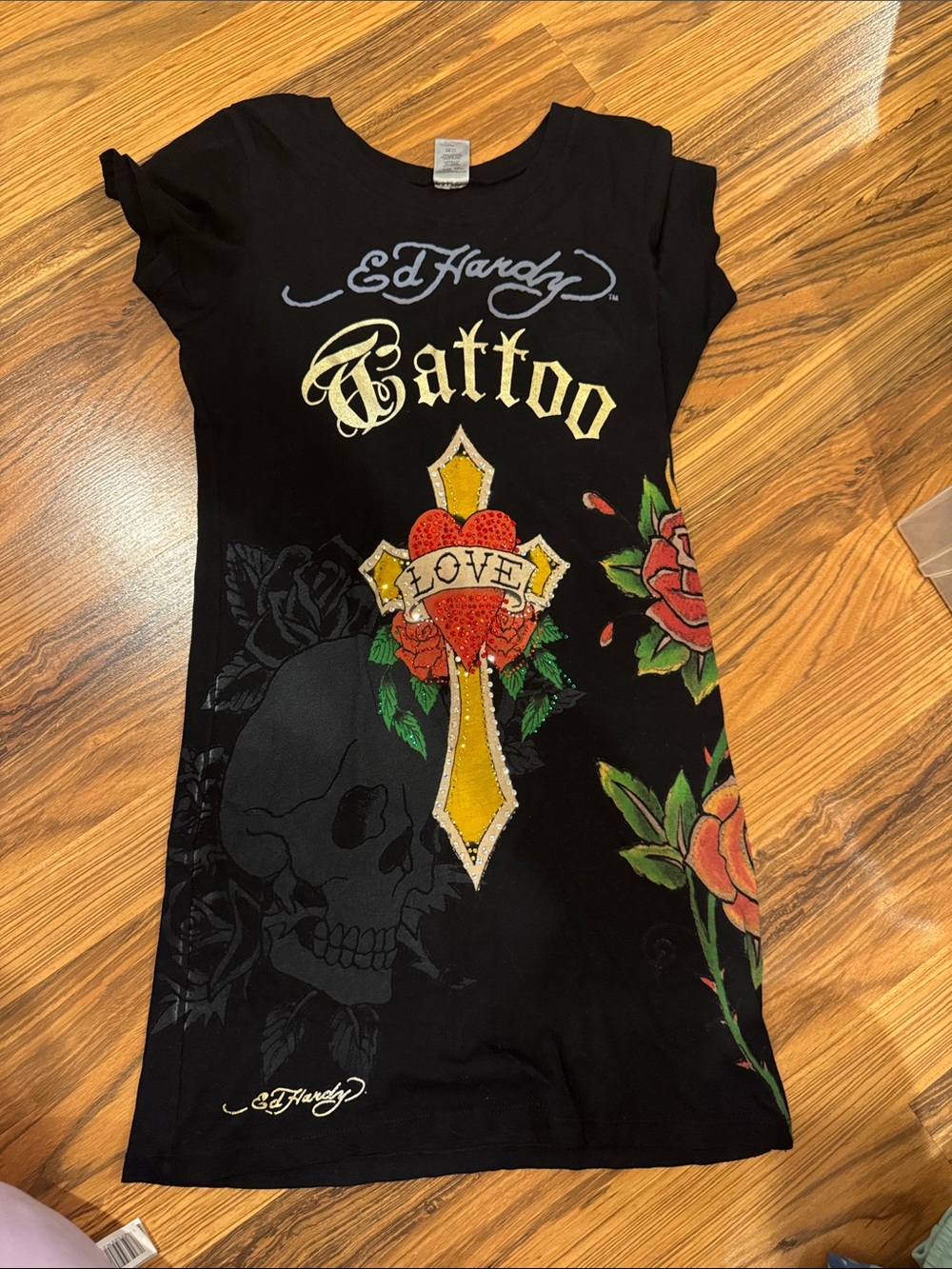 Ed Hardy Black Short Sleeve 'Tattoo Love' Graphic Tee with Red Roses